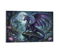 ASDFGHJKLZA Dragon Fantastique Violet Tableau Toile Décoration Murale Salon Forêt Lune Enchantée Art Mural Deco 20x30inch(50x75cm)