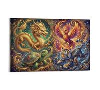ASDFGHJKLZA Dragon Phénix Doré Tableau Toile Animaux Mythologiques Décoration Murale Salon Art Mural Deco 12x18inch(30x45cm)