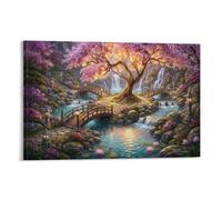 ASDFGHJKLZA Jardin Japonais Sakura Peinture Sur Toile Paysage Cascade Decoration Murale Salon 20x30inch(50x75cm)