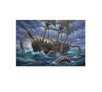 ASDFGHJKLZA Kraken Poulpe Géant Tableau Toile Navire Tempête Mer Décoration Murale Salon Art Mural Deco 20x30inch(50x75cm)