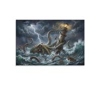 ASDFGHJKLZA Kraken Poulpe Géant Tableau Toile Phare Mer Tempête Décoration Murale Salon Art Mural Deco 12x18inch(30x45cm)