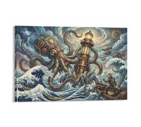 ASDFGHJKLZA Kraken Poulpe Steampunk Tableau Toile Phare Tempete Ocean Decoration Murale Salon 20x30inch(50x75cm)