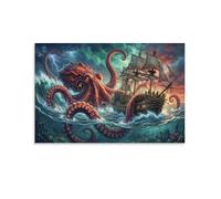 ASDFGHJKLZA Poulpe Geant Kraken Tableau Toile Navire A Voile Tempete Decoration Murale Salon Art Mural Deco 16x24inch(40x60cm)
