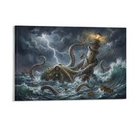 ASDFGHJKLZA Poulpe Géant Tableau Toile Phare Tempête Décoration Murale Salon Art Mural Deco Affiche Toile 16x24inch(40x60cm)