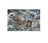 ASDFGHJKLZA Poulpe Steampunk Tableau Toile Phare Tempête Décoration Murale Salon Art Mural Deco 08x12inch(20x30cm)