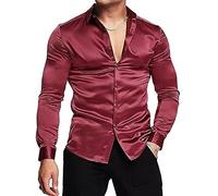 ASDFS Chemise Boîte Nuit Hommes Tendance Brillant Bal Hommes Chemise Manches Longues Printemps Été Chemise Décontractée Hommes Revers Patte Boutonnage Chemise d'affaires Hommes E-Wine Red XL