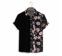 ASDFY Chemise Homme Manches Courtes, Chemises D'Été Décontractées Imprimé Patchwork De Fleurs Chemise Hawaïenne Noire Col Boutonné Haut Doux Chemises À Manches Courtes Respirantes pour Hom