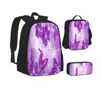 ASEELO Lot de 3 sacs à dos d'école, trousse à crayons, sac à déjeuner avec inscription « I Love London » pour filles et garçons, Papillons violets, School bag + pencil case + lunch bag combination