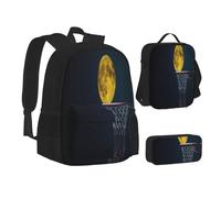 ASEELO Lot de 3 sacs à dos d'école, trousse à crayons, sac à déjeuner avec inscription « I Love London » pour filles et garçons, Lune et Basketball, School bag + pencil case + lunch bag combination
