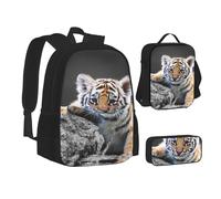 ASEELO Lot de 3 sacs à dos d'école, trousse à crayons, sac à déjeuner avec inscription « I Love London » pour filles et garçons, Joli petit tigre., School bag + pencil case + lunch bag combination