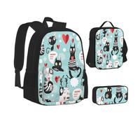 ASEELO Lot de 3 sacs à dos d'école, trousse à crayons, sac à déjeuner avec inscription « I Love London » pour filles et garçons, Chats noirs et blancs., School bag + pencil case + lunch bag