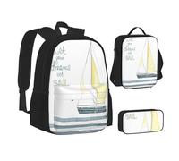 ASEELO Lot de 3 sacs à dos d'école, trousse à crayons, sac à déjeuner avec inscription « I Love London » pour filles et garçons, Words Stripes Yacht, School bag + pencil case + lunch bag combination