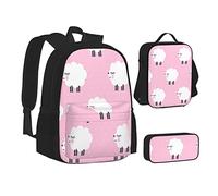 ASEELO Lot de 3 sacs à dos d'école, trousse à crayons, sac à déjeuner avec inscription « I Love London » pour filles et garçons, Mouton rose., School bag + pencil case + lunch bag combination