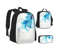ASEELO Lot de 3 sacs à dos d'école, trousse à crayons, sac à déjeuner avec inscription « I Love London » pour filles et garçons, Fleurs ombrées bleues, School bag + pencil case + lunch bag combination