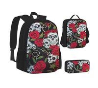 ASEELO Lot de 3 sacs à dos d'école, trousse à crayons, sac à déjeuner avec inscription « I Love London » pour filles et garçons, Yeux de crâne rose, School bag + pencil case + lunch bag combination