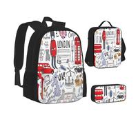 ASEELO Lot de 3 sacs à dos d'école, trousse à crayons, sac à déjeuner avec inscription « I Love London » pour filles et garçons, I Love London, School bag + pencil case + lunch bag combination