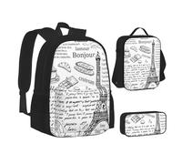 ASEELO Lot de 3 sacs à dos d'école, trousse à crayons, sac à déjeuner avec inscription « I Love London » pour filles et garçons, Café Parisien Tour Eiffel, School bag + pencil case + lunch bag