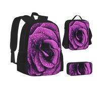 ASEELO Lot de 3 sacs à dos d'école, trousse à crayons, sac à déjeuner, combinaison de fleurs, papillons, panneaux en bois pour filles et garçons, Fleur de rose, School bag + pencil case + lunch bag