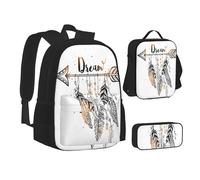 ASEELO Lot de 3 sacs à dos d'école, trousse à crayons, sac à déjeuner, combinaison de fleurs, papillons, panneaux en bois pour filles et garçons, Arrow Feather Dream, School bag + pencil case + lunch