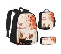 ASEELO Lot de 3 sacs à dos d'école, trousse à crayons, sac à déjeuner, combinaison d'éclaboussures de peinture, sac à dos pour filles et garçons, Dinde Thanksgiving sur voiture citrouille, School bag
