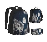 ASEELO Lot de 3 sacs à dos d'école, trousse à crayons, sac à déjeuner, combinaison d'éclaboussures de peinture, sac à dos pour filles et garçons, Night Sky Full Moon, School bag + pencil case + lunch