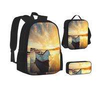 ASEELO Lot de 3 sacs à dos d'école, trousse à crayons, sac à déjeuner, combinaison soleil et plage avec galets pour filles et garçons, Petit bateau sur l'eau, School bag + pencil case + lunch bag