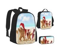 ASEELO Lot de 3 sacs à dos d'école, trousse à crayons, sac à déjeuner, combinaison soleil et plage avec galets pour filles et garçons, Merry Christmas Beach, School bag + pencil case + lunch bag