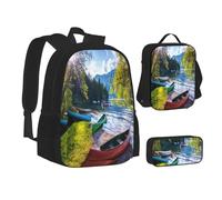 ASEELO Lot de 3 sacs à dos d'école, trousse à crayons, sac à déjeuner, combinaison soleil et plage avec galets pour filles et garçons, Lake with Boats Canoës Park, School bag + pencil case + lunch bag