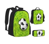 ASEELO Lot de 3 sacs à dos d'école, trousse à crayons, sac à déjeuner, motif tête de mort rose, sac à dos pour filles et garçons, Ballon de football sur gazon, School bag + pencil case + lunch bag