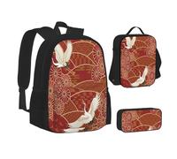 ASEELO Lot de 3 sacs à dos d'école, trousse à crayons, sac à déjeuner, sac à dos à motif de tournesol pour filles et garçons, Deux grues chrysanthèmes, School bag + pencil case + lunch bag combination