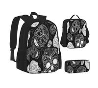 ASEELO Lot de 3 sacs à dos d'école, trousse à crayons, sac à déjeuner, sac à dos à motif de tournesol pour filles et garçons, Têtes de morts, School bag + pencil case + lunch bag combination
