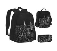 ASEELO Lot de 3 sacs à dos d'école, trousse à crayons, sac à déjeuner, sac à dos à pois noirs et blancs pour filles et garçons, New York Night Sky, School bag + pencil case + lunch bag combination