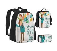 ASEELO Lot de 3 sacs à dos d'école, trousse à crayons, sac à déjeuner, sac à dos à pois noirs et blancs pour filles et garçons, Happy Fathers Day By Son, School bag + pencil case + lunch bag