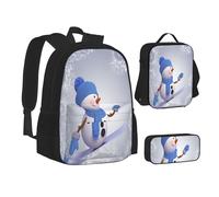 ASEELO Lot de 3 sacs à dos d'école, trousse à crayons, sac à déjeuner, sac à dos amusant motif chat marron pour filles et garçons, Adorable bonhomme de neige, School bag + pencil case + lunch bag