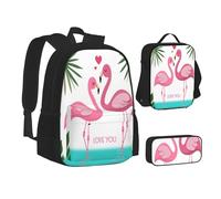 ASEELO Lot de 3 sacs à dos d'école, trousse à crayons, sac à déjeuner, sac à dos amusant motif chat marron pour filles et garçons, Couple de feuilles de palmier et flamants roses, School bag + pencil