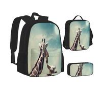 ASEELO Lot de 3 sacs à dos d'école, trousse à crayons, sac à déjeuner, sac à dos avec bouteille de vin rouge, sac à dos en verre pour filles et, Deux girafes., School bag + pencil case + lunch bag
