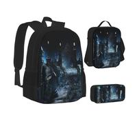 ASEELO Lot de 3 sacs à dos d'école, trousse à crayons, sac à déjeuner, sac à dos avec bouteille de vin rouge, sac à dos en verre pour filles et, Pierre tombale de cimetière, School bag + pencil case +