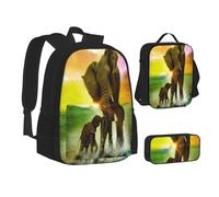 ASEELO Lot de 3 sacs à dos d'école, trousse à crayons, sac à déjeuner, sac à dos avec tête de tigre pour filles et garçons, Éléphant d'Afrique, School bag + pencil case + lunch bag combination