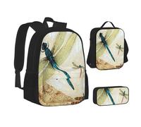 ASEELO Lot de 3 sacs à dos d'école, trousse à crayons, sac à déjeuner, sac à dos avec tête de tigre pour filles et garçons, Libellule volant, School bag + pencil case + lunch bag combination