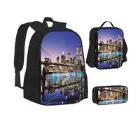 ASEELO Lot de 3 sacs à dos d'école, trousse à crayons, sac à déjeuner, sac à dos avec tête de tigre pour filles et garçons, Brooklyn Bridge, School bag + pencil case + lunch bag combination