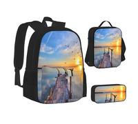 ASEELO Lot de 3 sacs à dos d'école, trousse à crayons, sac à déjeuner, sac à dos coloré pour plantes succulentes pour filles et garçons, Lac sous le soleil, School bag + pencil case + lunch bag
