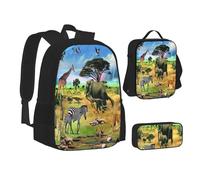 ASEELO Lot de 3 sacs à dos d'école, trousse à crayons, sac à déjeuner, sac à dos de ferme pour filles et garçons, Animaux Afrique, School bag + pencil case + lunch bag combination