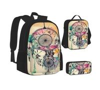 ASEELO Lot de 3 sacs à dos d'école, trousse à crayons, sac à déjeuner, sac à dos de pêche pour filles et garçons, Attrape-rêves, School bag + pencil case + lunch bag combination