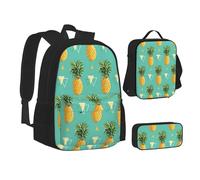 ASEELO Lot de 3 sacs à dos d'école, trousse à crayons, sac à déjeuner, sac à dos en bois pour filles et garçons, Ananas aux fruits tropicaux., School bag + pencil case + lunch bag combination