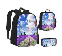 ASEELO Lot de 3 sacs à dos d'école, trousse à crayons, sac à déjeuner, sac à dos en bois pour filles et garçons, Montgolfière Lavande, School bag + pencil case + lunch bag combination