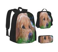 ASEELO Lot de 3 sacs à dos d'école, trousse à crayons, sac à déjeuner, sac à dos Golden Retriever pour filles et garçons, Golden Retriever, School bag + pencil case + lunch bag combination
