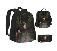 ASEELO Lot de 3 sacs à dos d'école, trousse à crayons, sac à déjeuner, sac à dos hawaïen, motif rayons de soleil pour filles et garçons, Deux flamants roses., School bag + pencil case + lunch bag