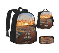 ASEELO Lot de 3 sacs à dos d'école, trousse à crayons, sac à déjeuner, sac à dos hawaïen, motif rayons de soleil pour filles et garçons, Verre à vin, School bag + pencil case + lunch bag combination
