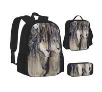 ASEELO Lot de 3 sacs à dos d'école, trousse à crayons, sac à déjeuner, sac à dos hawaïen, motif rayons de soleil pour filles et garçons, Deux loups, School bag + pencil case + lunch bag combination