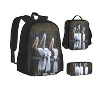 ASEELO Lot de 3 sacs à dos d'école, trousse à crayons, sac à déjeuner, sac à dos mignon pour filles et garçons, Trois pelicans, School bag + pencil case + lunch bag combination